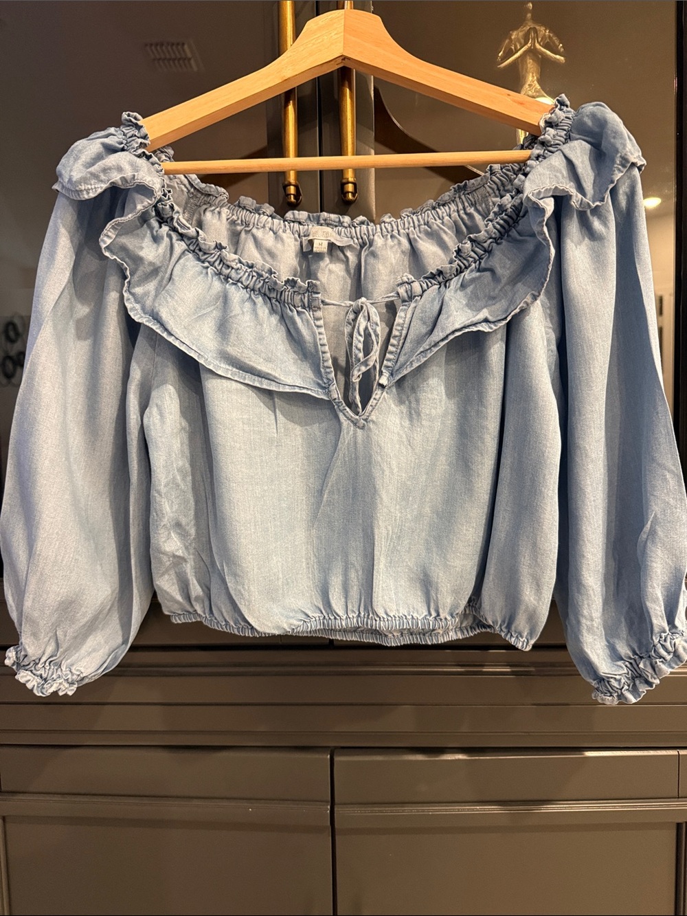 Love Tree Chambray Off-Shoulder Ruffle Blouse in Light Blue